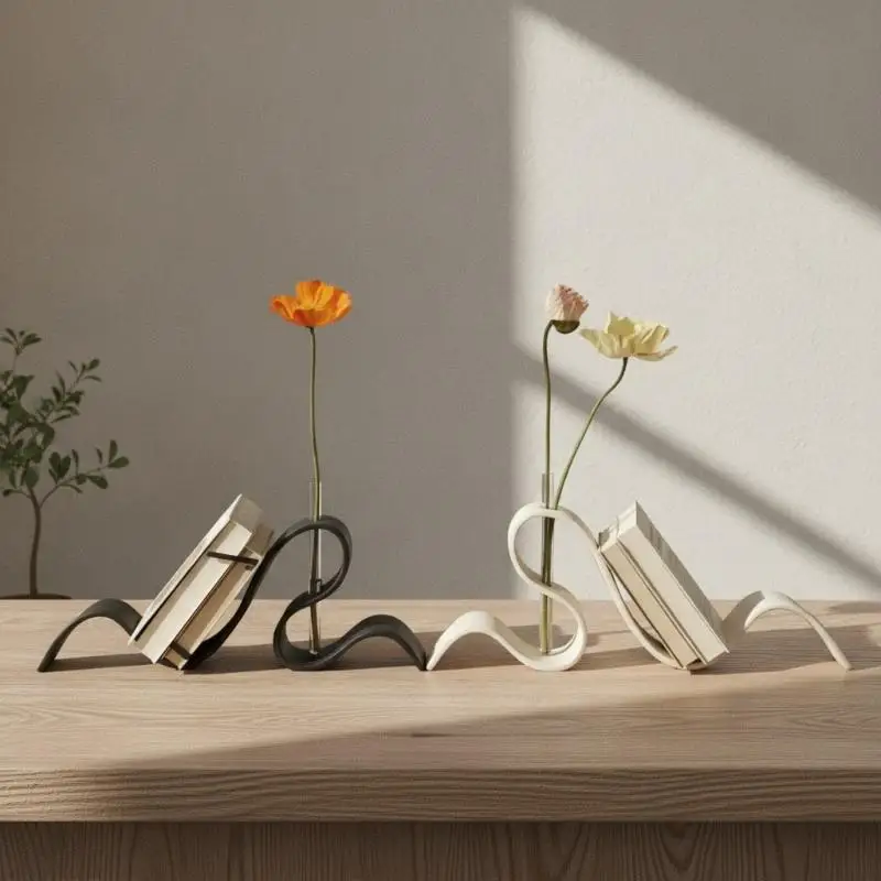 Abstract Curved 3D Printed Vase Bookend Set Smooth Modern Styling For Home Office Living Space Tabletop Display Ornament