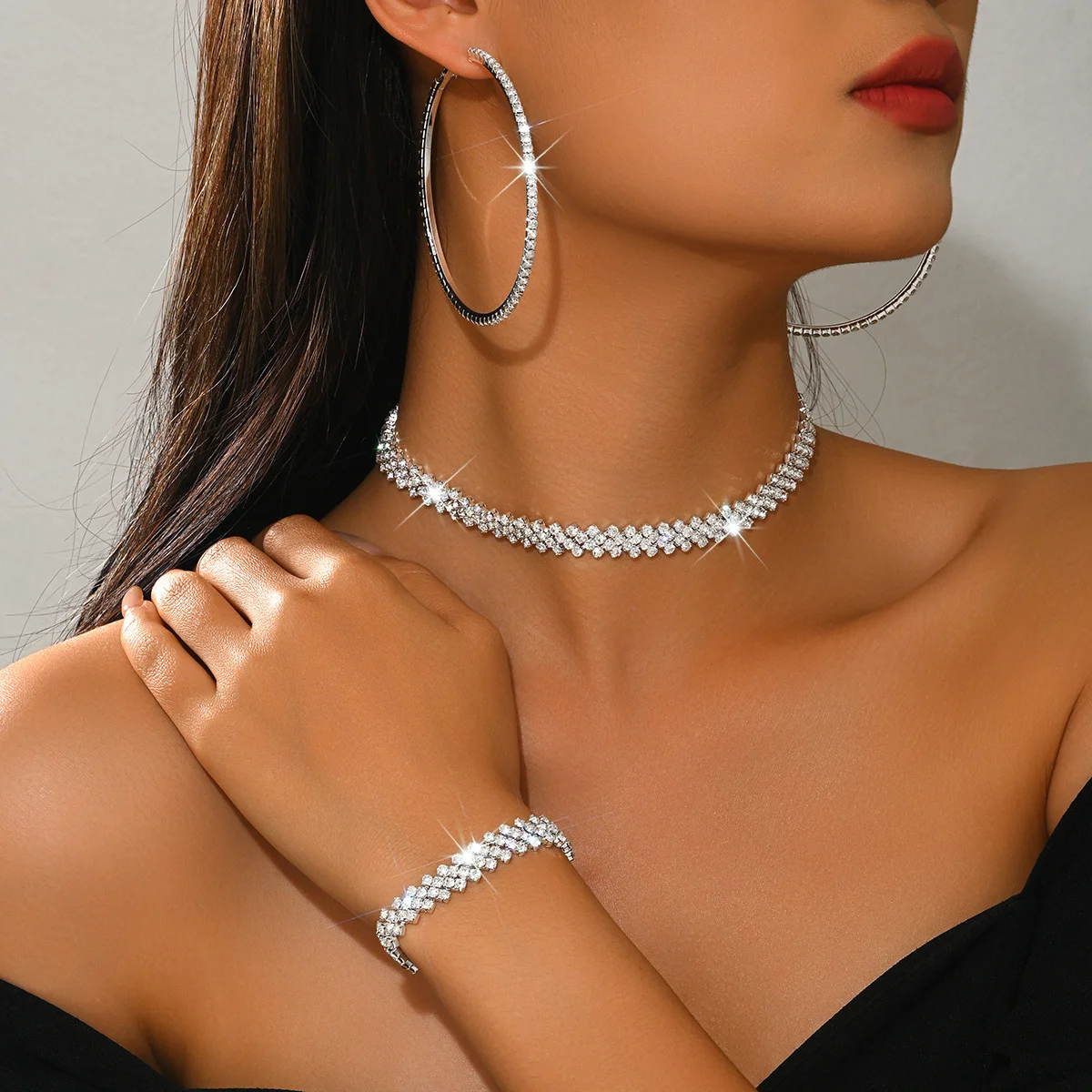 

Luxury Silver Crystal Jewelry Set for Women, Sparkling Rhinestone Choker Necklace Bracelet & Large Hoop Earrings for Prom Party