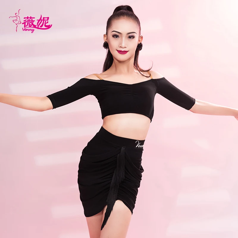 ชุดเต้นลาตินเวนนี่สไตล์สำหรับเด็กหญิงและผู้หญิง แขนสั้น กระโปรงชายครุย 2 ชิ้น ชุดฝึกซ้อมมาตรฐานมืออาชีพ