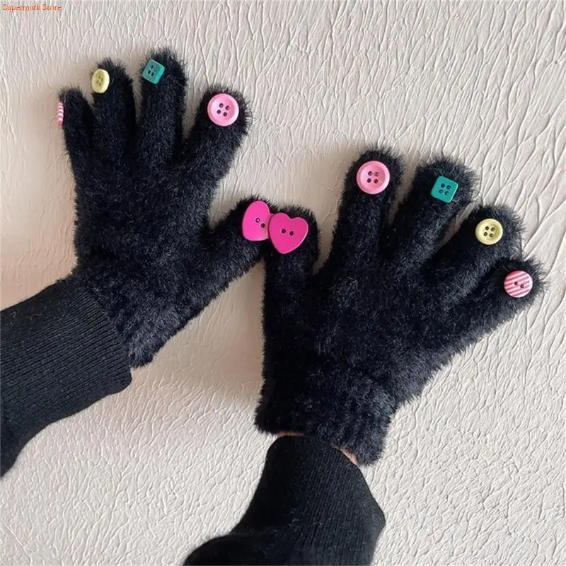 Q5WE Colorful Button Furry Gloves Full Finger Gloves Winter Warm Full Finger Gloves