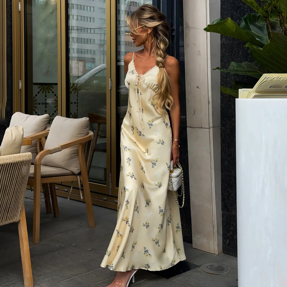 2025 herbst Neue Elegante Seide Satin Strap V-ausschnitt Mit Temperament Drucken Slim Fit Langes Kleid