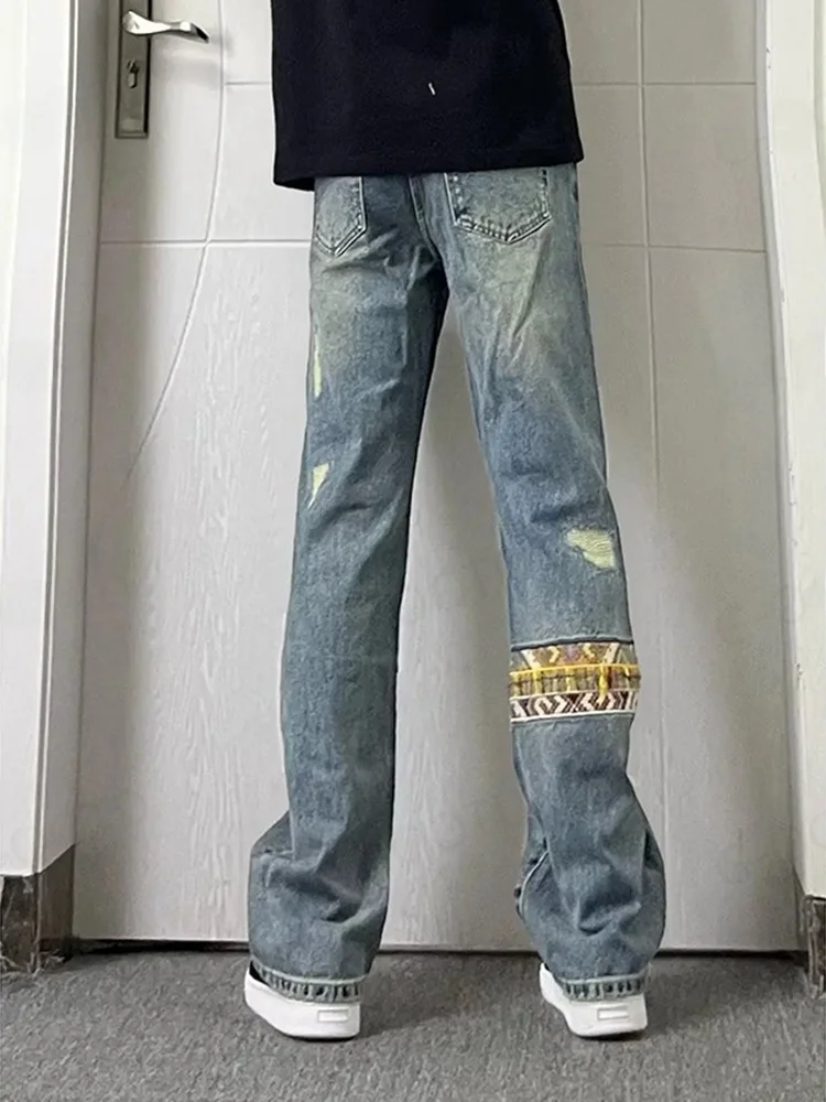 

Cleanfit Ethnic Sle Walnut Flower Patchwork Waed Denim Jeans American Retro Straight Leg Pants Youth Casual Summer Jeans