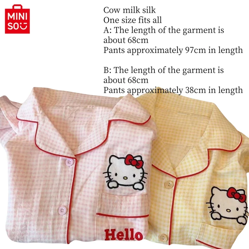 Miniso Sanrio Hello Kitty new printed two-piece set sleepwear for spring  summer high-end plaid casual home wear two-piece set