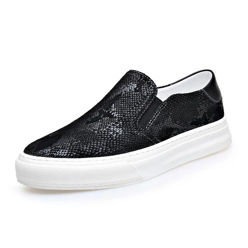 High End Shoes for Men Genuine Leather Casual Shoes Black Snakeskin Print Luxury Flat Shoes Trend Suede Slip-On Loafers