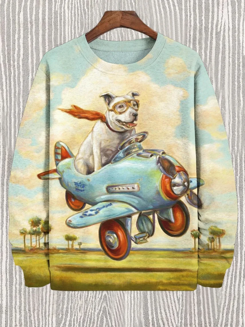 Men's 3D printed puppy flying airplane print casual sweatshirt fashion round neck pullover sweatshirt polyester fabric 2025 new