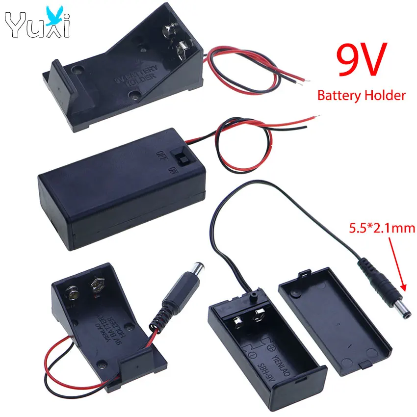 YuXi 9V Battery Holder Battery Box Case With Wire Lead DC 5.5*2.1mm Plug With ON/OFF Switch For 6F22