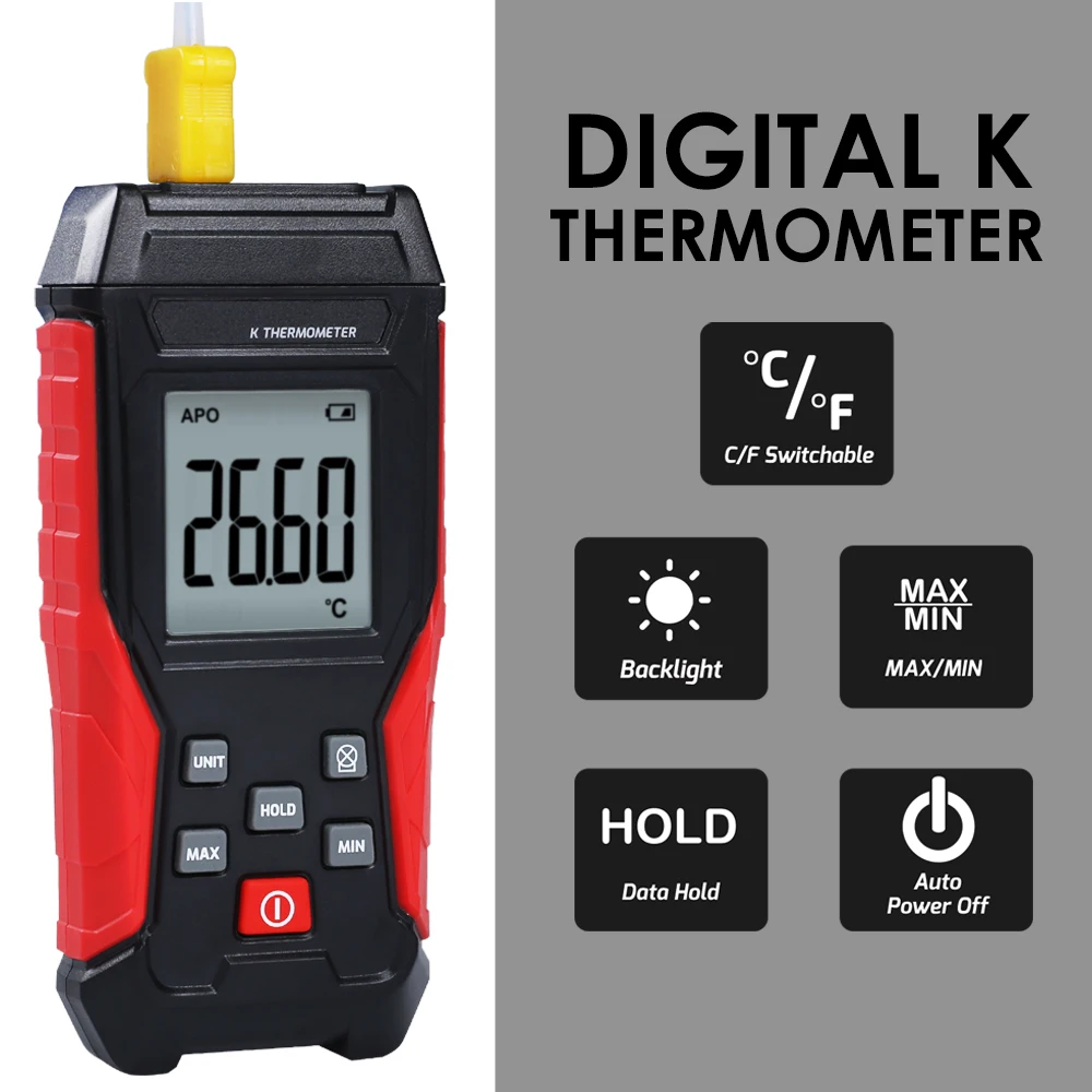 Termometro digitale tipo K con 2 termocoppie (cablato e acciaio inossidabile) Termometro HVAC a canale singolo Misuratore industriale