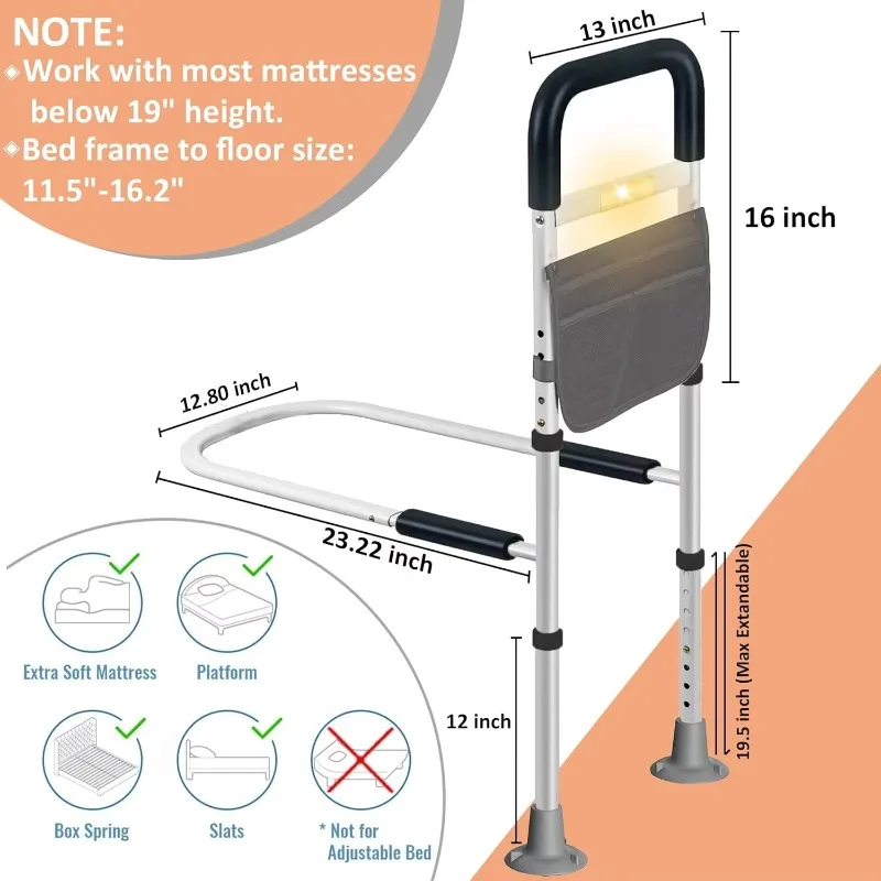 Bed Assist Rail for Elderly Adults Storage Pocket Sensor LED Light Non-Slip Handles Holds 330 Lbs Height Adjustable Easy