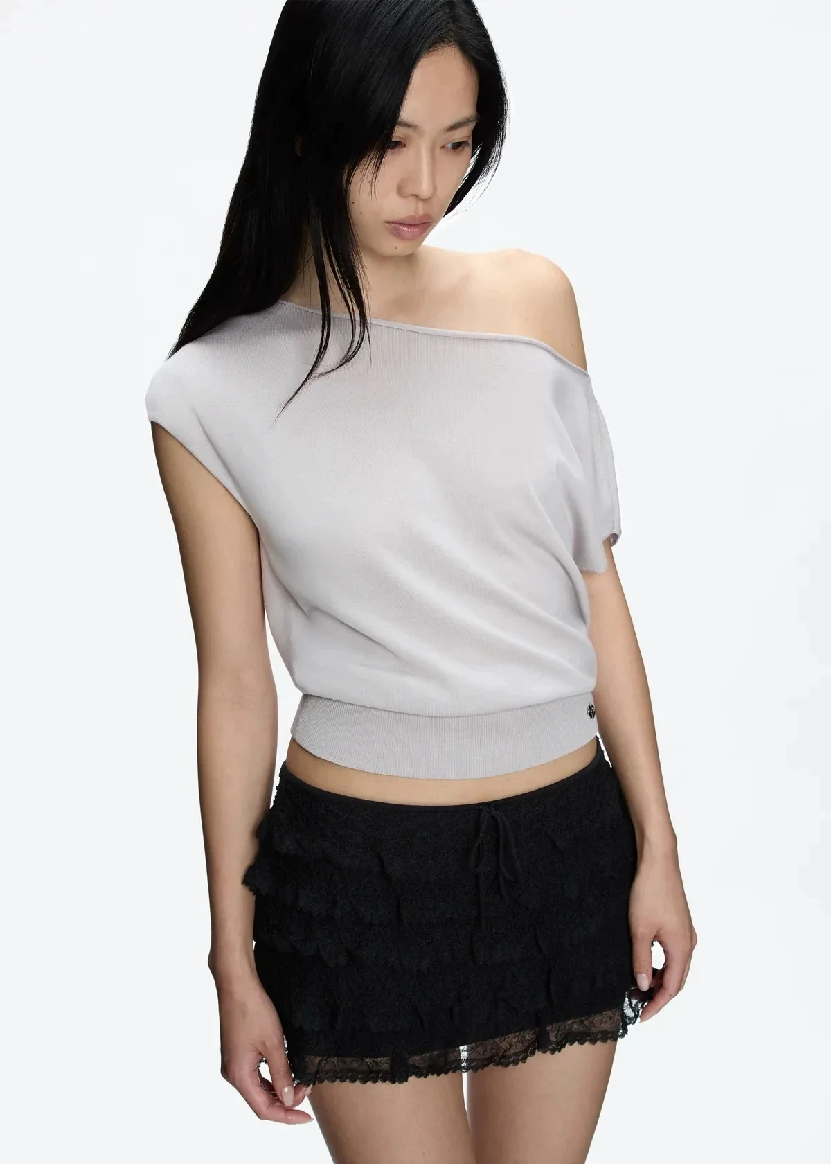 tankair light grey off-the-shoulder knit top Lysell Tencel diagonal shoulder T-shirt kiko style