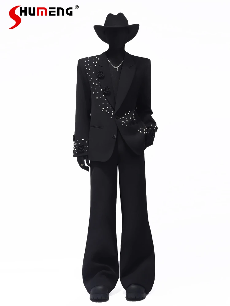

Men's 2025 Autumn New Three-Dimensional Rose Design Tailored Coats Male Beaded Long Sleeve Blazers Stylish Loose Long Pants Sets
