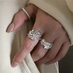 INS Minimalist Silver Color Irregular Wrinkled Surface Finger Rings Creative Geometric Punk Opening Ring for Women Girls Jewelry