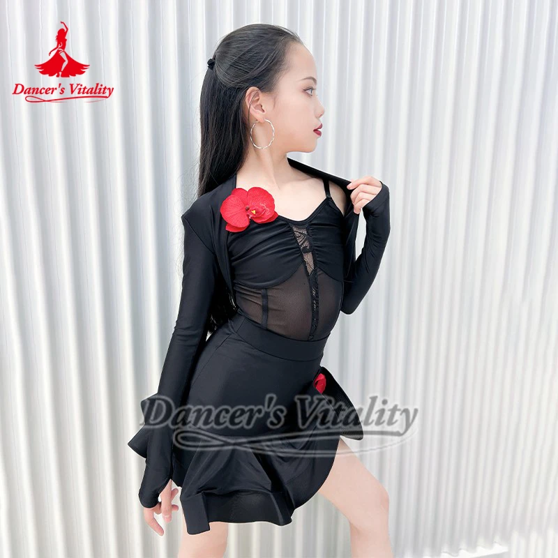 Kinderen Latin Turnpakje + Rok + Bovenkleding Mesh Splicing Training Danskleding Danser Vitaliteit Tieners Chacha Samba 3-delig Pak