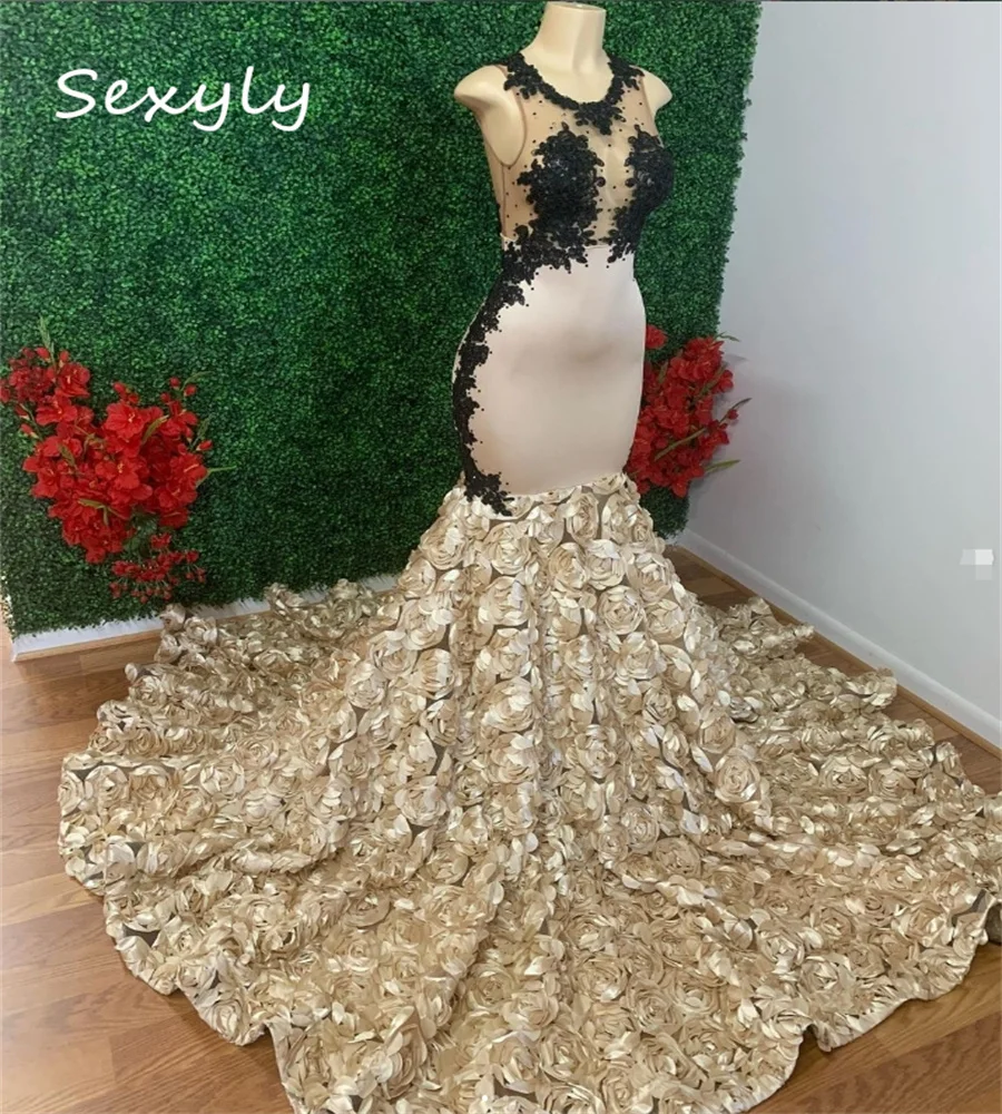 Customized Champagne And Black Prom Dress For Black Girl Floral Bottom Mermaid Evening Gown Illusion Top African Open Back Party