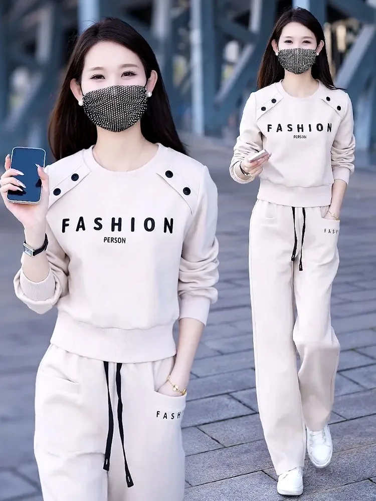 Versatile Women O Neck Slim Outdoor Fitness Two Piece Sweatshirt Set Jogging Running Tracksuit Ladies Wide Leg Pants Sports Suit