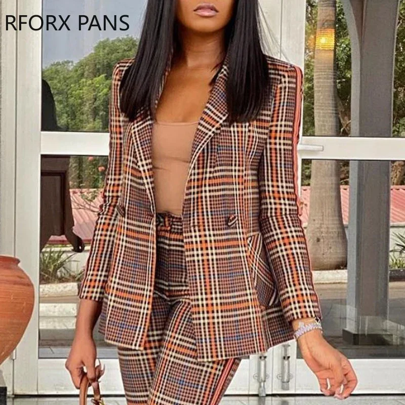 

Women Chic Elegant Plaid pattern pockets Long Sleeves button Autumn Blazer Tops