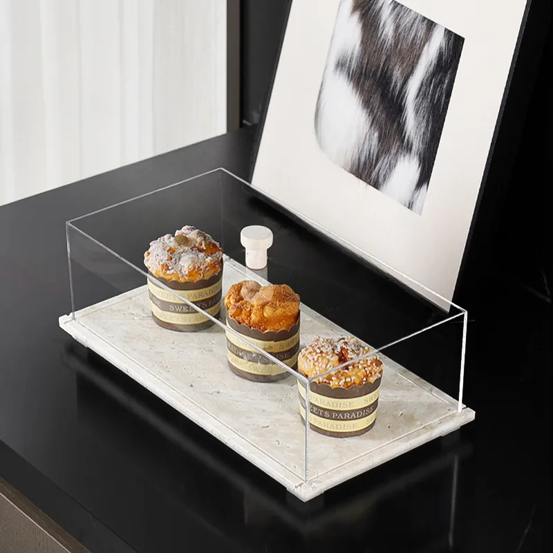 Clear Acrylic Display Case with Travertine Base Dustproof Protection Showcase for Collectibles Figurines Cake Dessert
