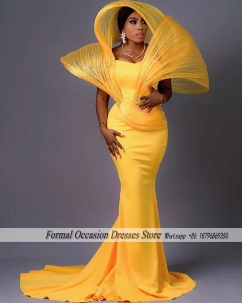 Design aso ebi vestidos de noite sem alças amarelo sereia vestidos de baile cetim africano noiva vestido de festa de casamento personalizado
