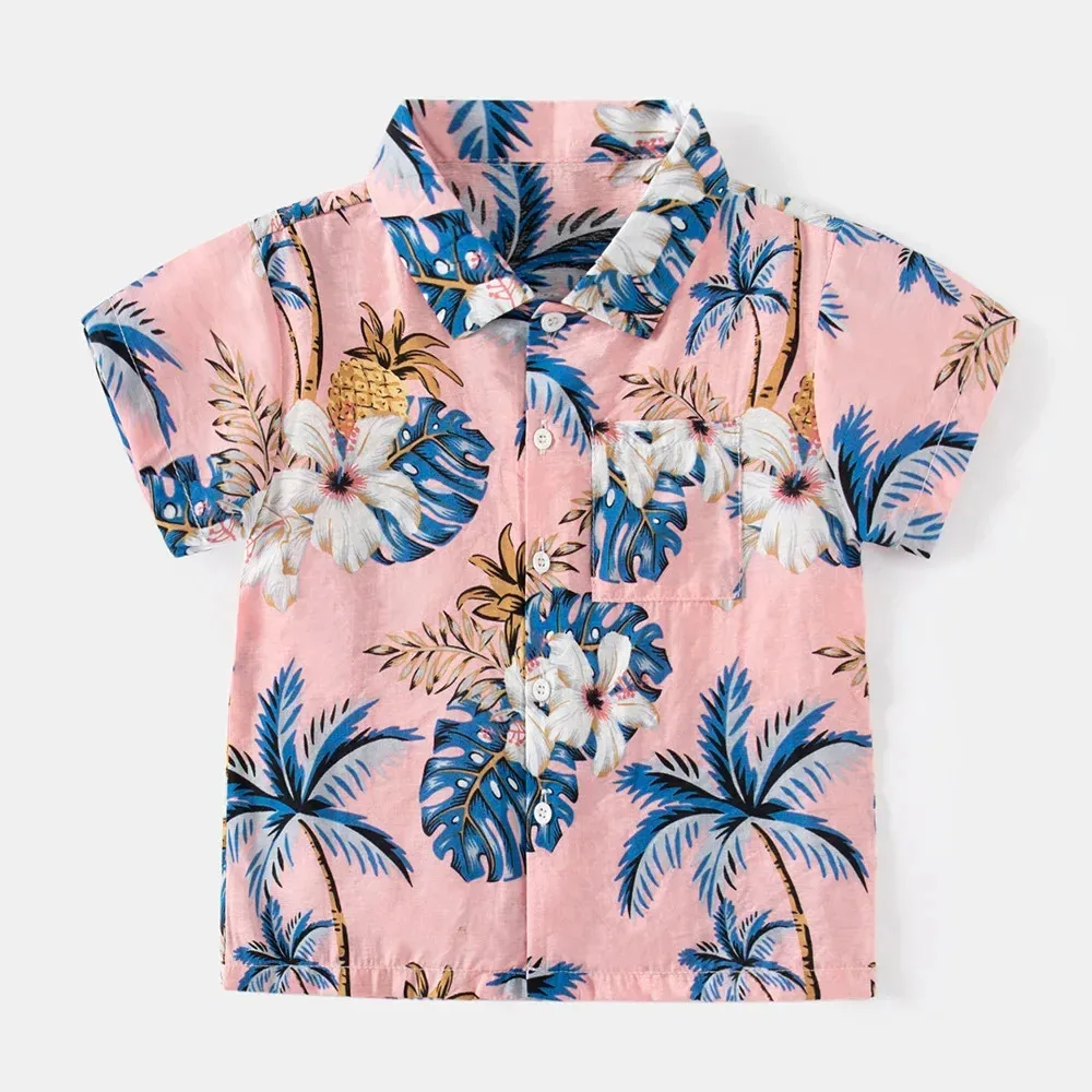 Summer Boys Shirt Hawaiian Beach Graphic Print Short Sleeve Casual Button Kids 2-8y Shirts Holiday Seaside Children Blouse Tops