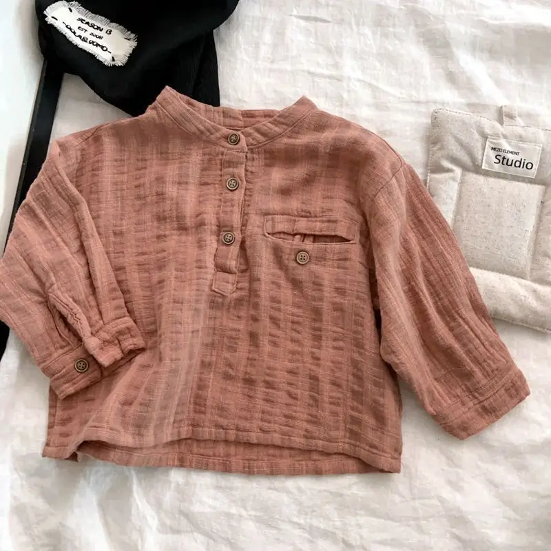 2026 Children Pocket Stand Collar Long Sleeve Shirt Baby Boy Girl Casual Tops