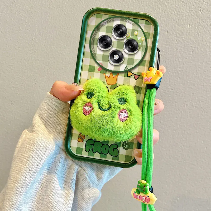 כיסוי טלפון נייד עם דמות צפרדע חמודה מתאים ל-OPPO Reno 12 11 Pro 12F 11F 10 7 צעצוע רך קרטון רצועת חבל תלייה