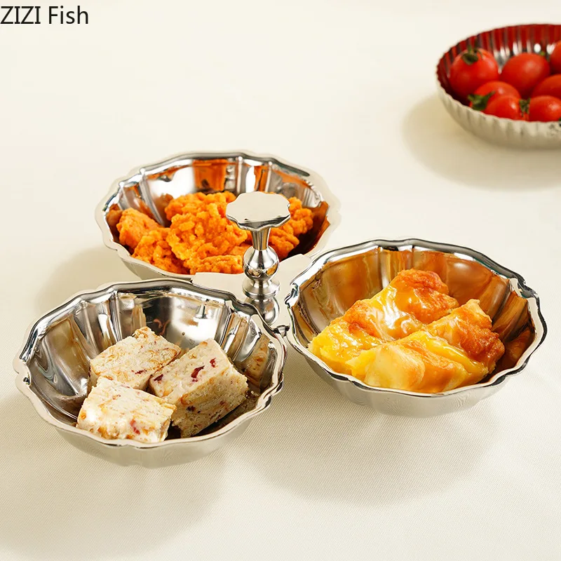 Stainless Steel Tea Tray 3-grid Snack Plate Fruit Plate Candy Dish Snack Bowl Nut Platter Refreshments Tray Dessert Bowl