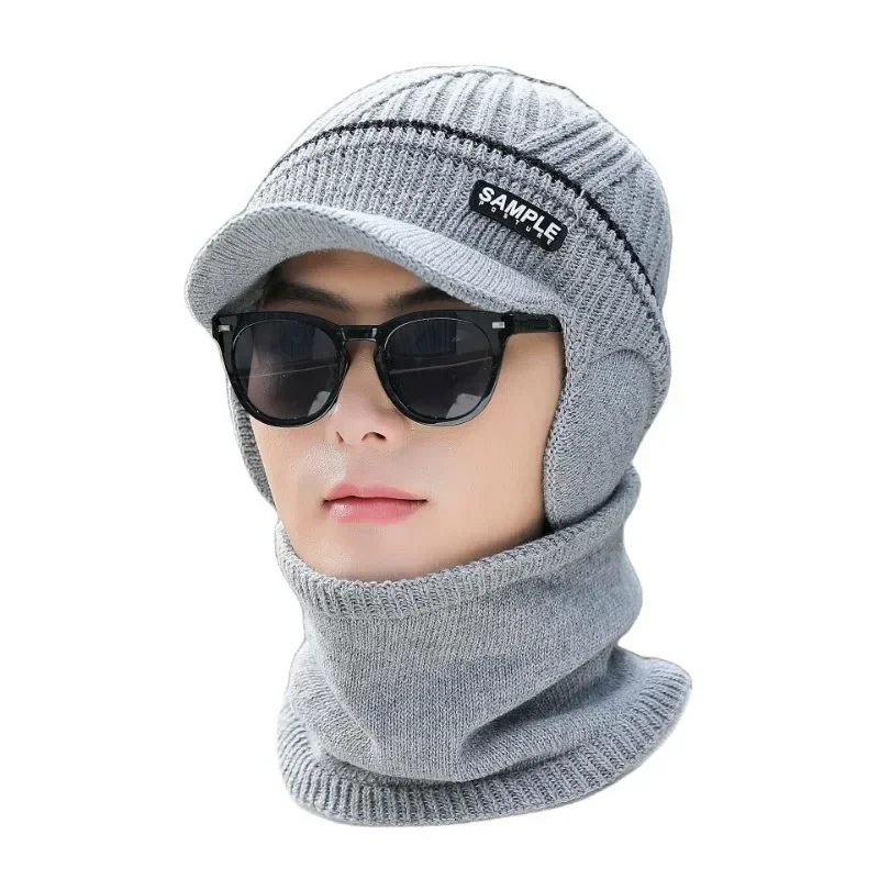 Knitted Visor Winter Hat Thicken Warm Earmuffs Skullies Beanies for Men Women Wool Scarf Caps Cycling Ski Mask Balaclava Bonnet