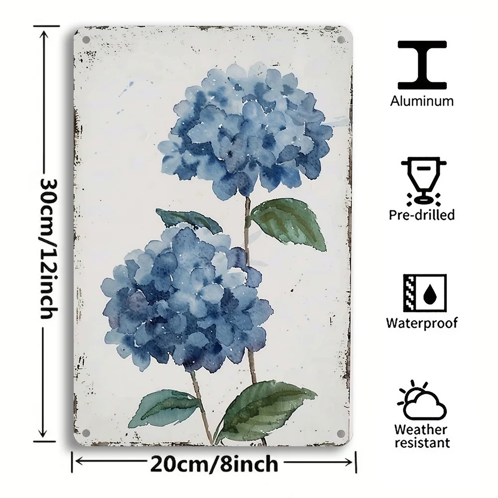 1PC Rustic Hydrangea Watercolour Blue Botanical Metal Iron Sign Vintage Wall Art Poster for Home & Bar Decor 8x12 Inches