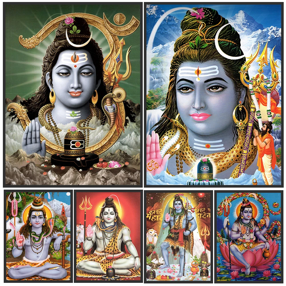 Arte de Pared en Lienzo del Dios Hindú Shiva, Póster Religioso Vintage con Imagen Tradicional del Dios Hindú Shiva con Trishul, Nandi y Lingam de Vaca