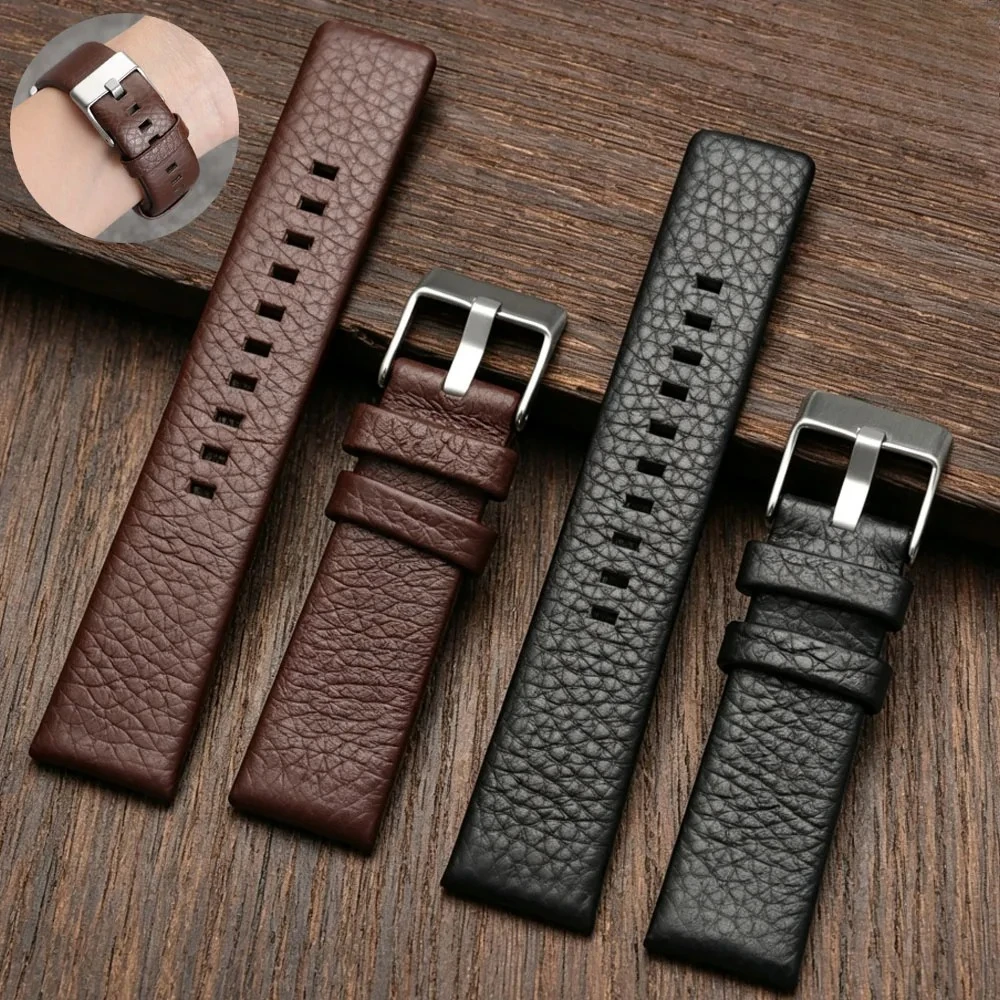 Lychee Pattern Cowhide Watch Band 18/22/24/26/27/28/30/32mm Soft Thin Leather Straps for Diesel Replacement Brown Black Bracelet