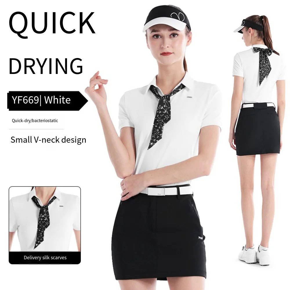 

Gift 1 Scarves PGM Short-sleeved Golf Polo Shirt Women Summer Breathable V-neck Golf Tops Lady Quick Dry Sports T-shirts S-XL