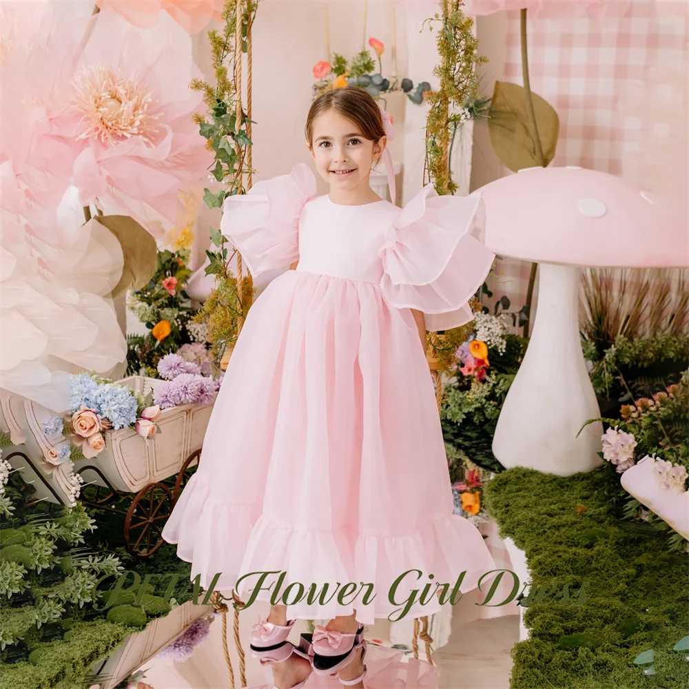 Petal Light Pink First Communion Gown Round Neck Girls Princess Dress Ankle Length Evening Party Dress for Girls Customized