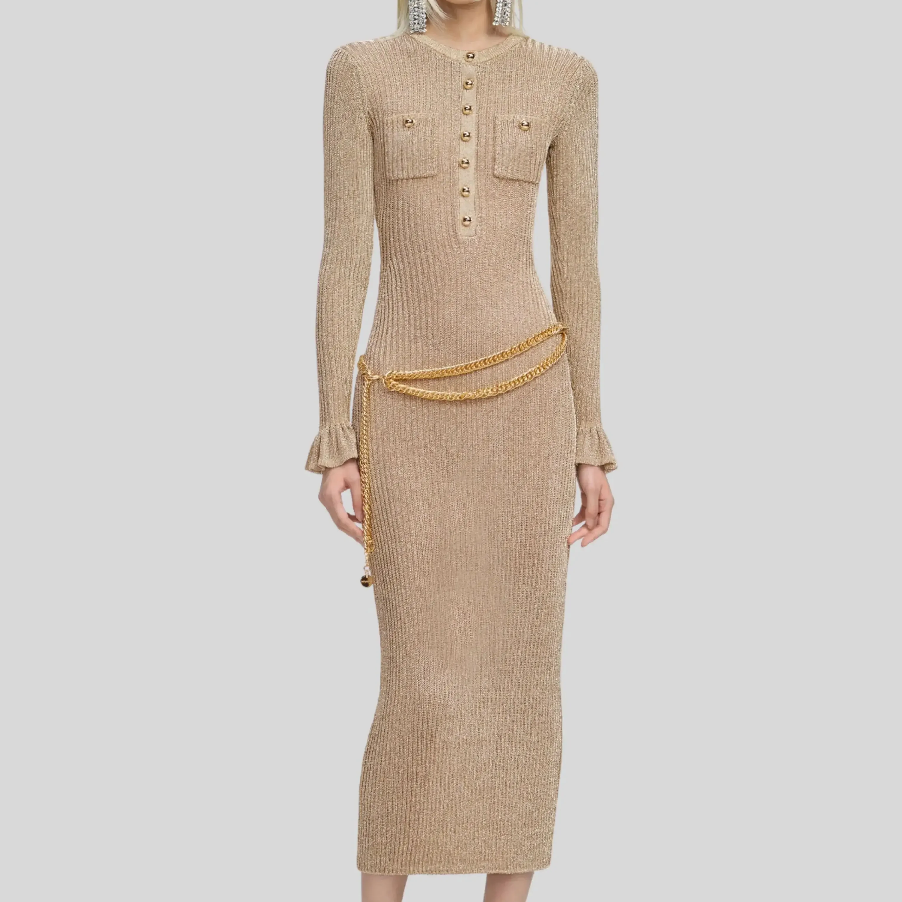 

High Quality Gold Lurex Rib Knit Midi Dress 2025 Elegant Round-Neck Slim Fit Knitted Maxi Dress with Waist Chain