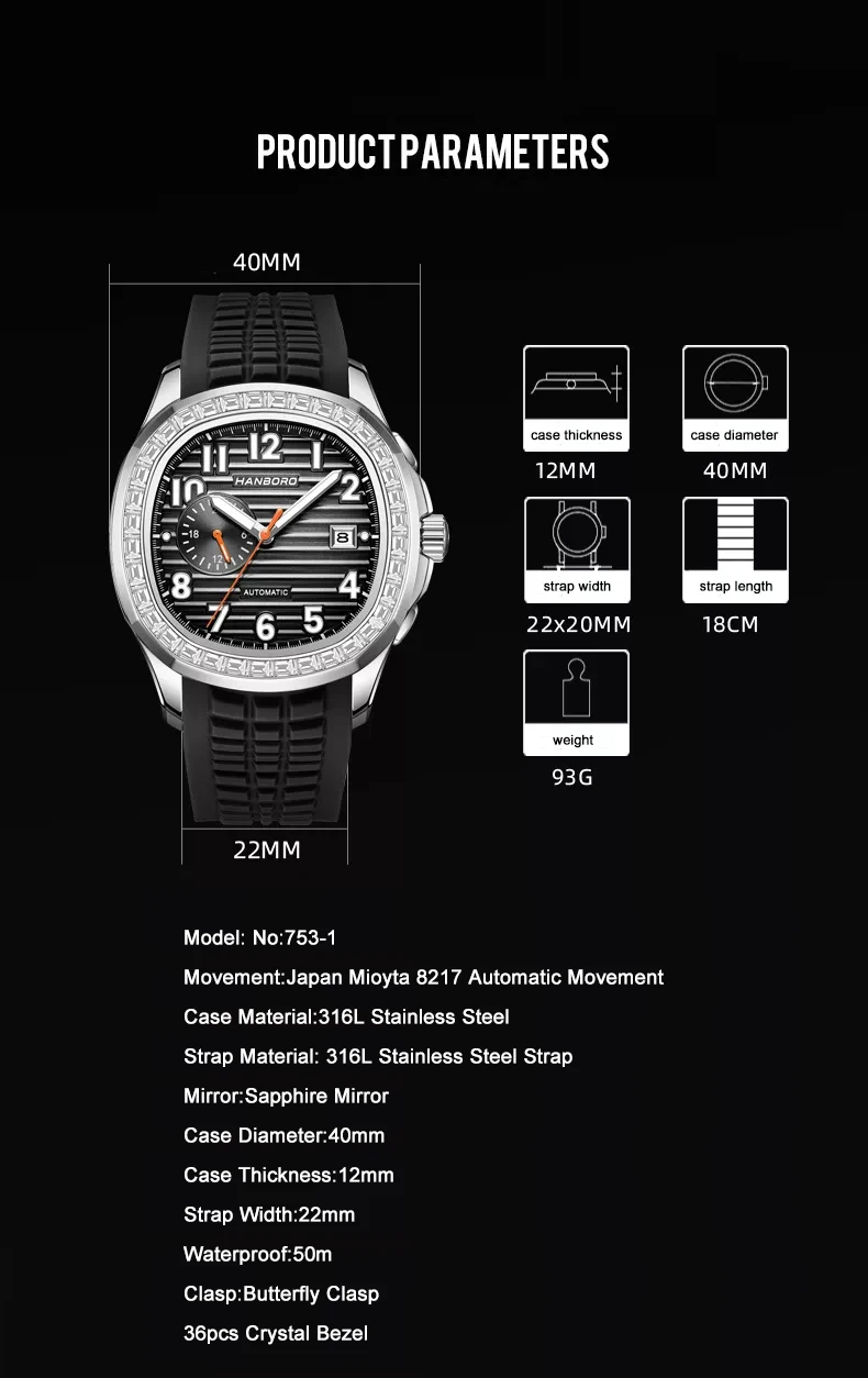 HANBORO Men Automatic Watch 40mm Square Mechanical Wristwatch 50m Waterproof Luminous Sapphire Crystal Bezel Mioyta 8217