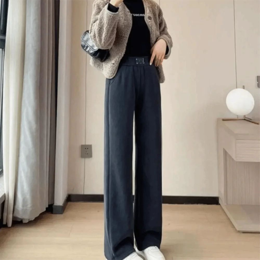 

High Waist Wide Leg Pants Thickened Fleece Elastic Waist Fleece Lined Pants Corduroy Material Loose Fit Fleece Trousers