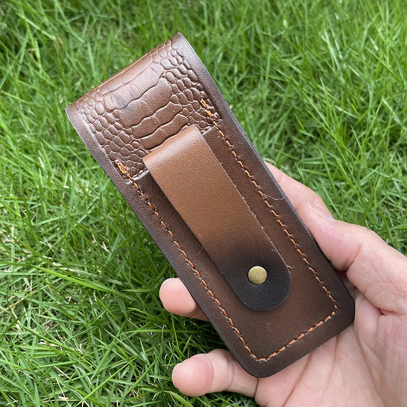 15 CM Foling Knife Holder Embossed Cowhide Scabbard Pocket Knife Cover Leather Sheath Case Camping Knife Holsters Belt Buckle