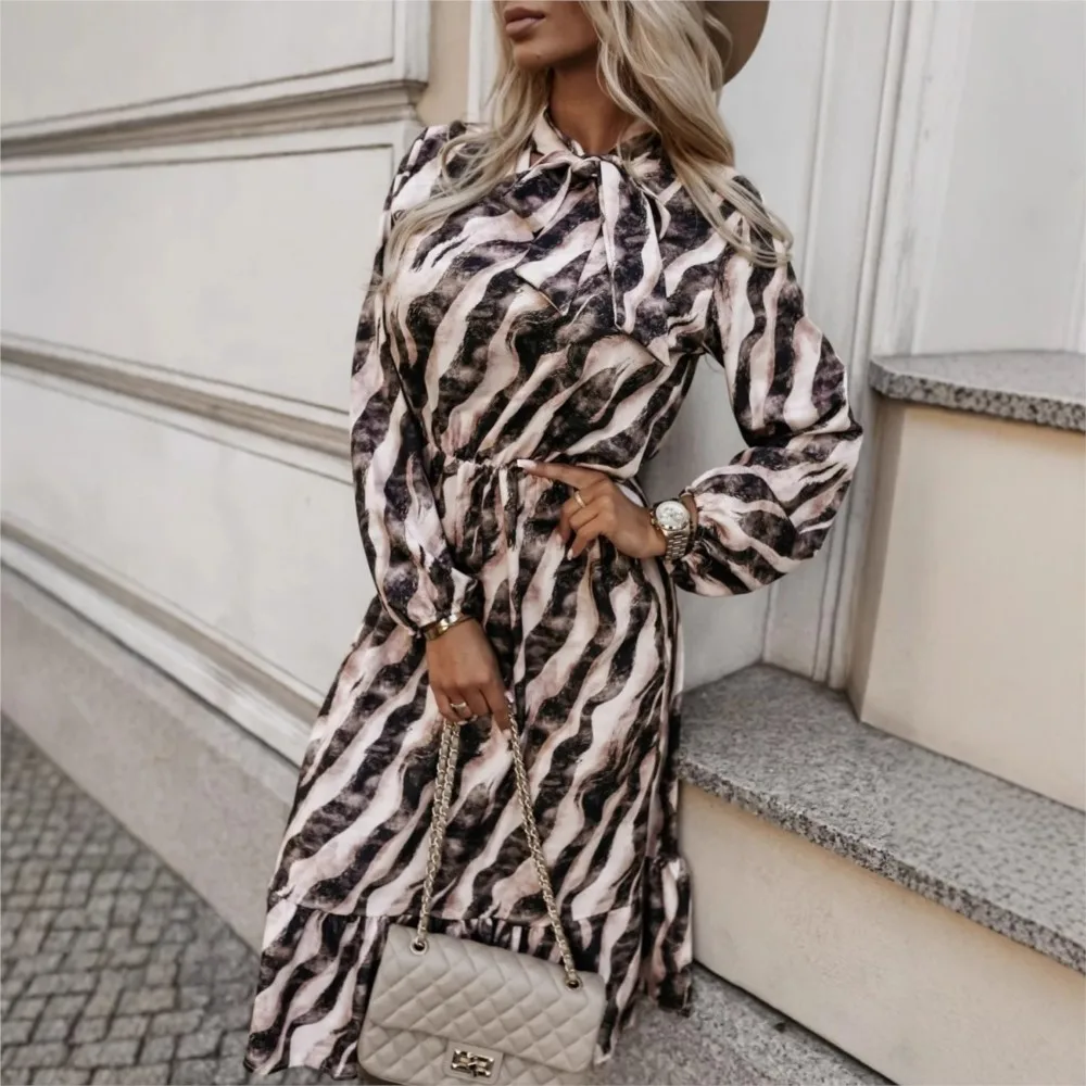 

Elegant Long Sleeve Dress for Women Autumn Sweet Bow Waist Zebra Pattern printing Fashion Simple Dressess Vestidos