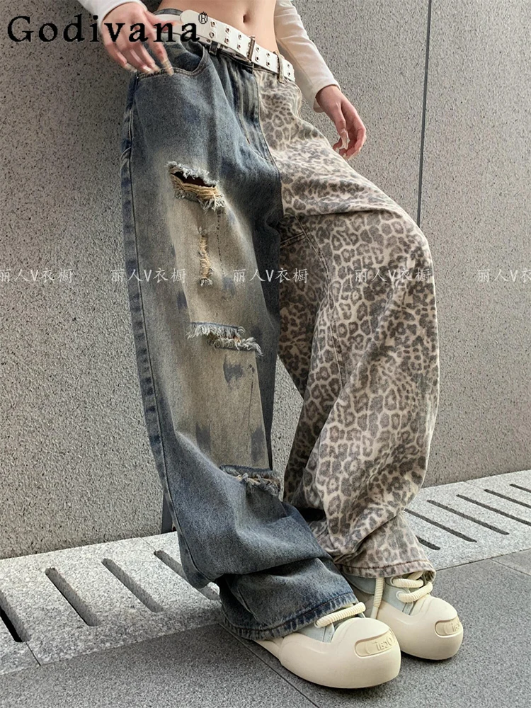 

Элегантные свободные джинсы с леопардовым принтом в американском стиле, сексуальные модные рваные широкие брюки в стиле ретро для девочек
