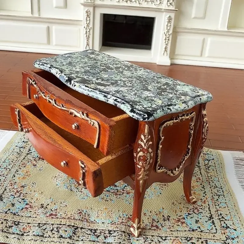 

Dollhousess Display Cabinet 1:12 Scale European Dollhouses Cabinet With Gold Trim 2 Drawers For Miniature Storage 15UB