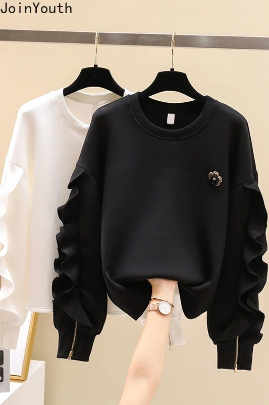 Joinyouth Clothes for Teens Korean Fashion Sweatshirts Women O-neck Ruffles Zipper Pullovers Tops Loose Casual Sweet Hoodies