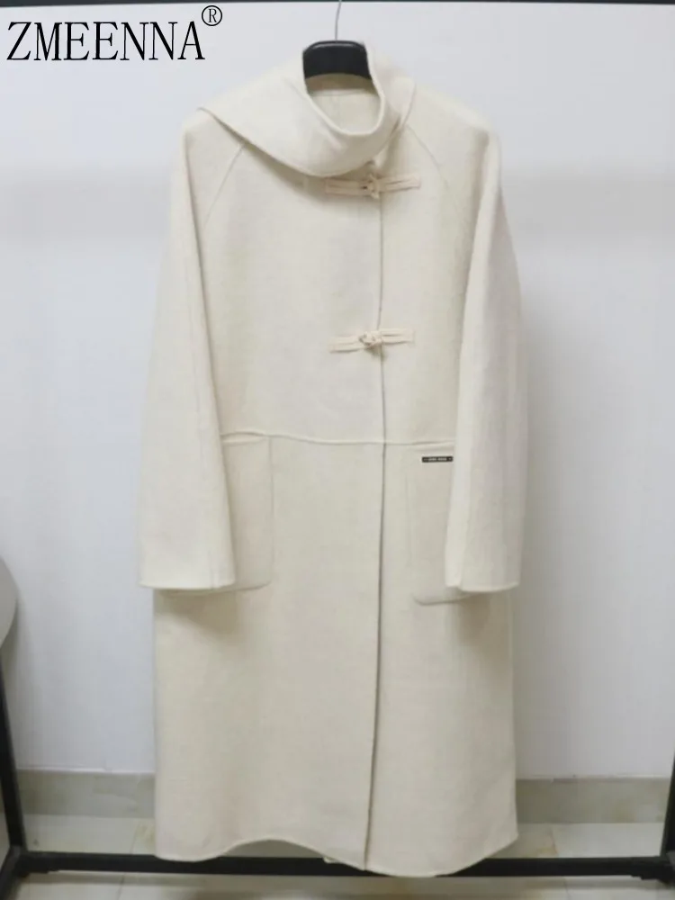 

ZMEENNA Elegant Women's White Wool Blend Long Duffle Coat With Unique Toggle Buttons And Collar Stylish And Warm ZM3875