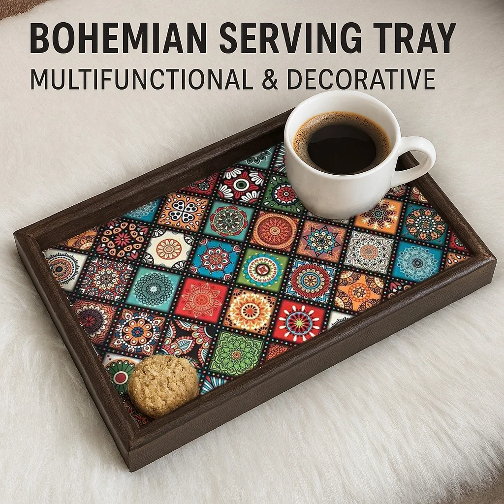 Bohemian Wooden Serving Tray with Colorful Mosaic Tiles – Decorative Tea Coffee Snack Plate for Home Kitchen Table Décor