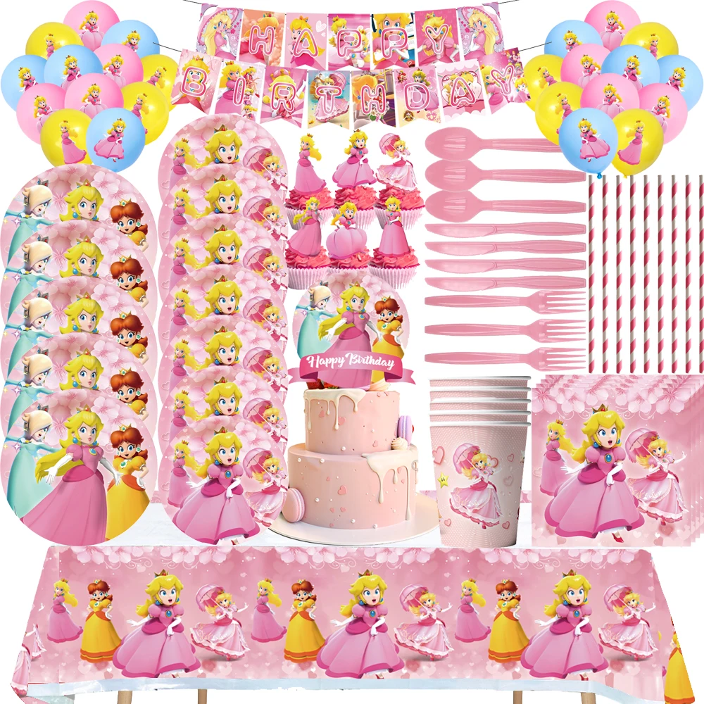 Princess Peach Girl birthday Party Decorations Paper Cups Plates Napkin Tablecloth Balloons For Girls Baby Shower Decor Supplies