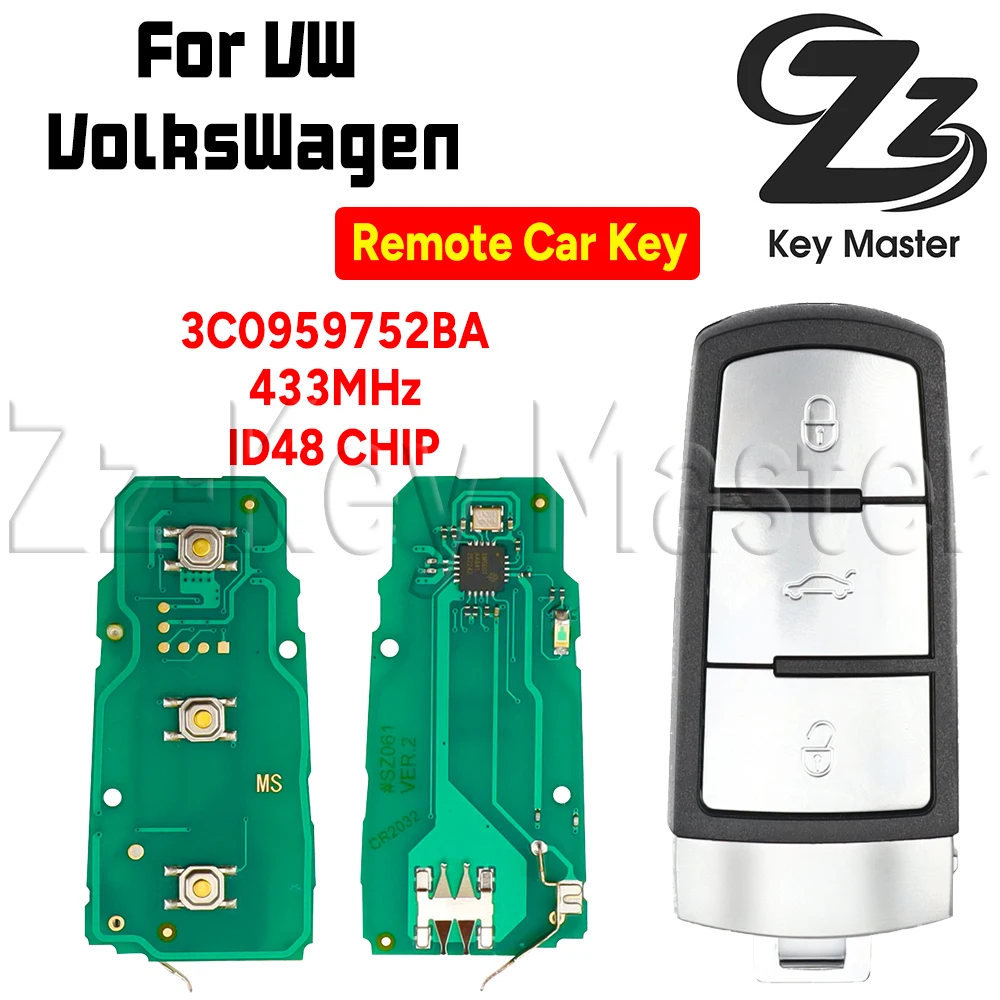 Zz Key Master Car Remote Key 3C0959752BA/NBG009066T  ID48 Chip 433/315MHz  For VW VolksWagen Passat B6 3C B7 Magotan CC