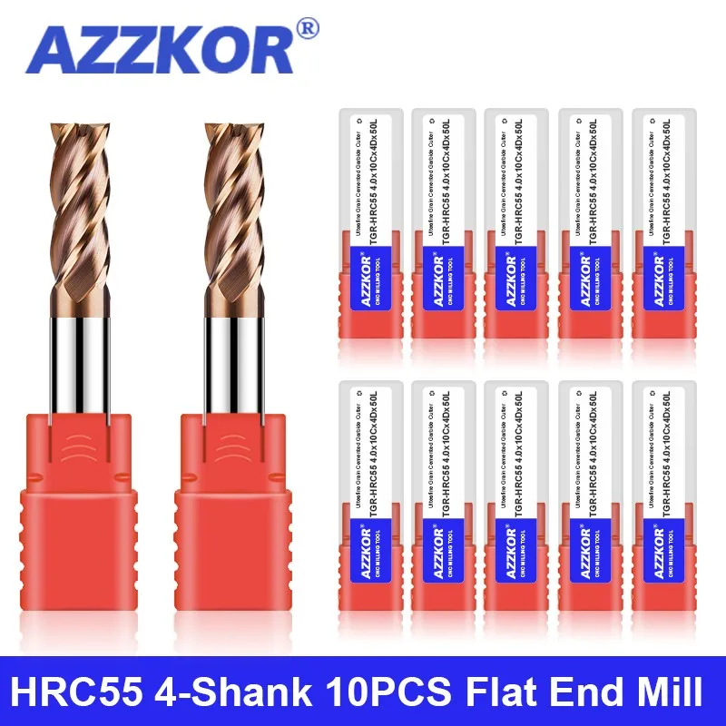 AZZKOR HRC55 4-Shank 10PCS Milling Cutter Tungsten Steel Carbide Alloy Coating 4-Flute Flat End Mill For CNC Machining Endmills