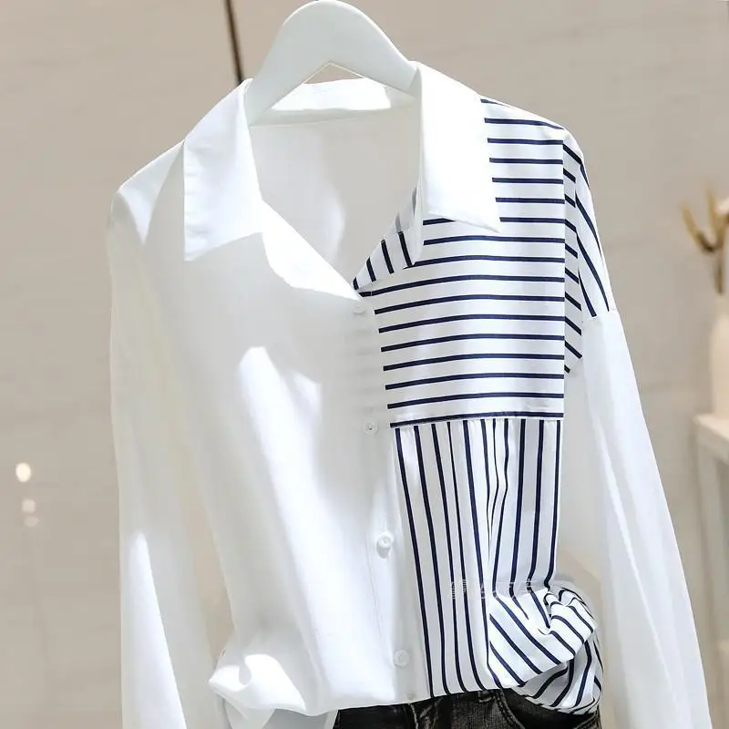 

Polo Neck Patchwork Striped Office Shirt Tops Summer New Long Sleeve Loose Street Casual Blouse Fashion Vintage Women Clothing