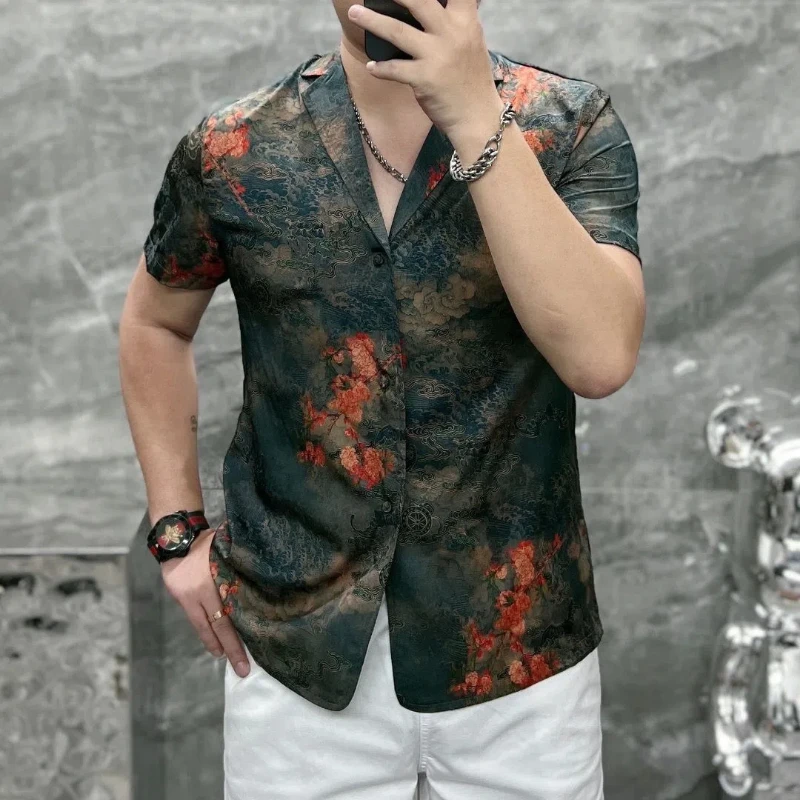 Retro Trend Versatile Summer Men\'s Tailored Collar Printing Single Breasted Streetwear Comfortable Loose Short Sleeve Shirts Top