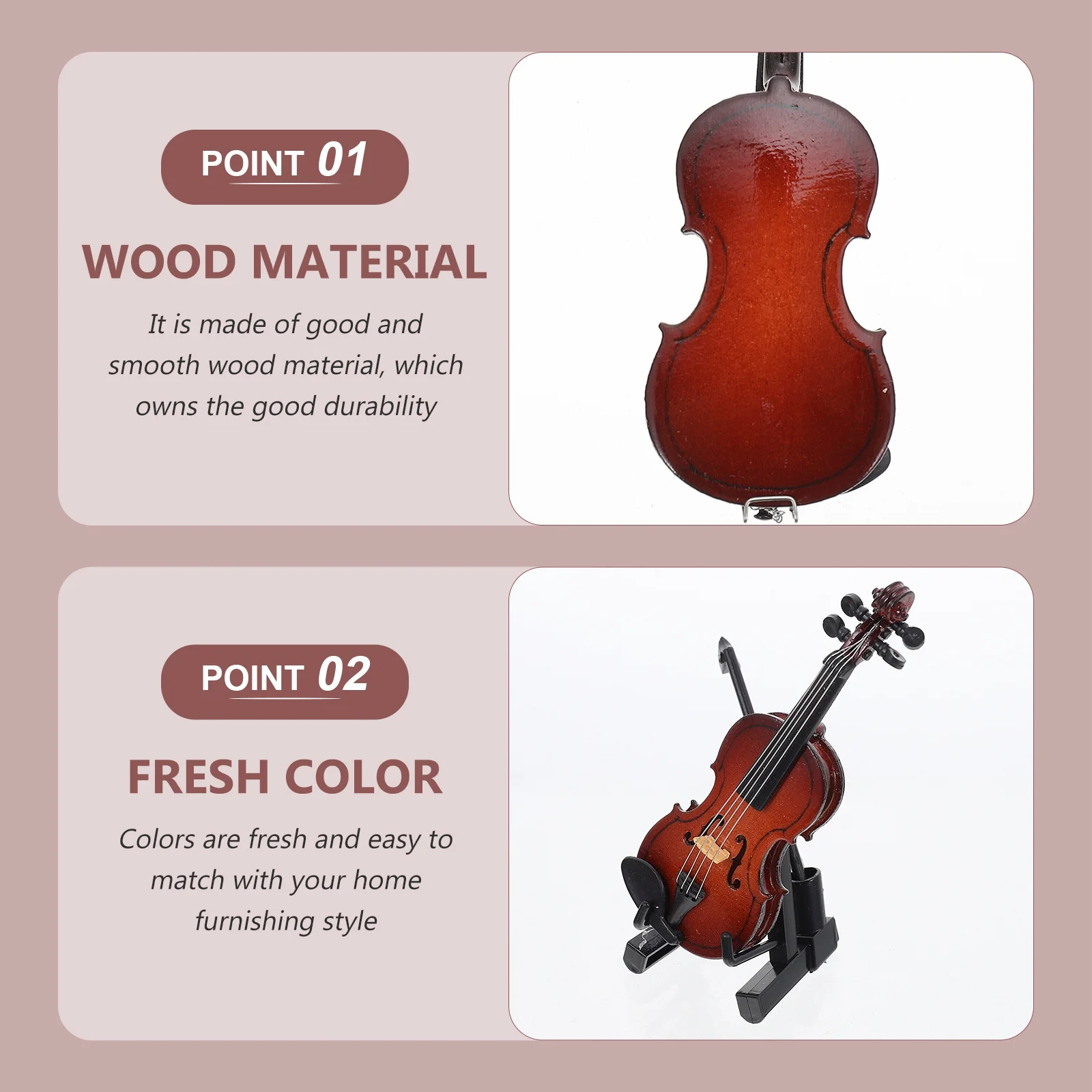 

1Set Elegant Miniature Violin Decor Natural Wood Material Fresh Color Match Home Furnishing Desktop Art Piece Violin Photo Prop