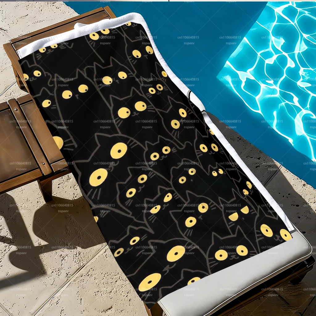 Cute Black Cat Yellow Eyes Beach Towel, Super Absorbent Quick Dry Towel for Swimming Pool Travel Vacation