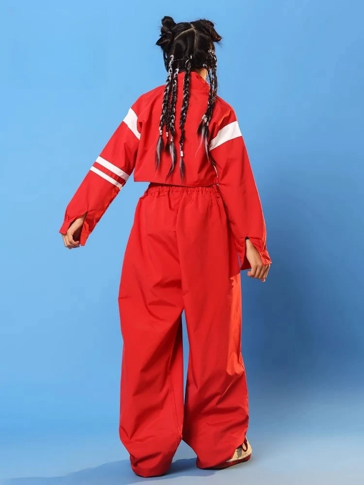 2024 Mädchen Rot Hip Hop Kostüm Jazz Dance Performance Kleidung Kurzen Mantel Lose Hosen Street Dance Bühne Wettbewerb Tragen BL14219