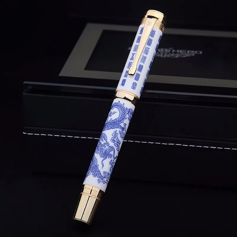 HERO 2188 New Ceramic 14K Gold Fountain Pen Blue and White Porcelain No.6 F 0.5mm Nib Retro Calligraphy Pen Luxury Writing Gifts